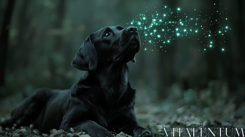 Enchanted Black Dog Amidst Green Sparkles AI Image