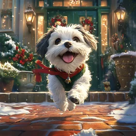 Joyful Puppy Running in Snowy Holiday Decor