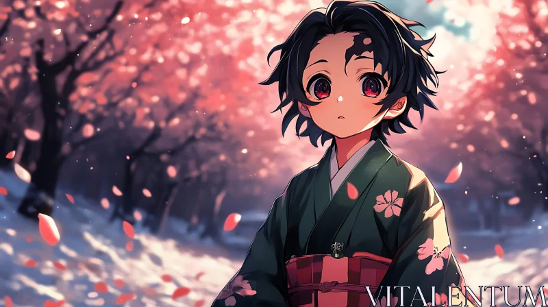 Anime Child in Spring Blossom Forest AI Image