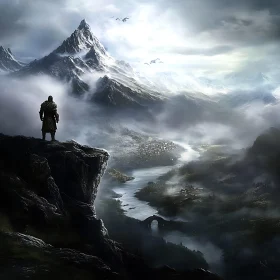 Cliffside Warrior Overlooking Misty Mountains