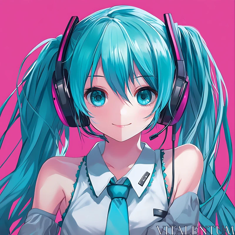 Blue-Haired Anime Girl with Headphones AI Image