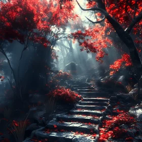 Mystical Stone Staircase in Autumn Forest