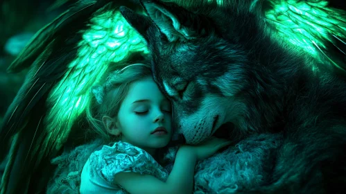 Child slumbering with winged wolf