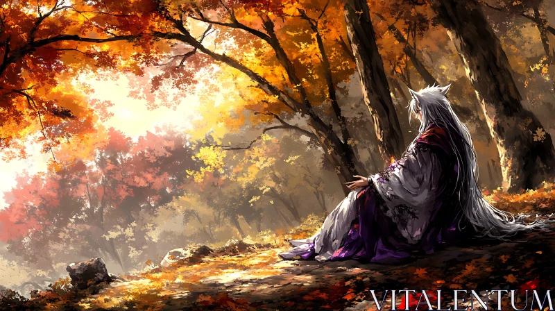 Anime Character in Tranquil Autumn Forest AI Image