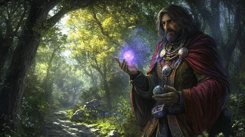 Mystical Wizard in Forest Scene