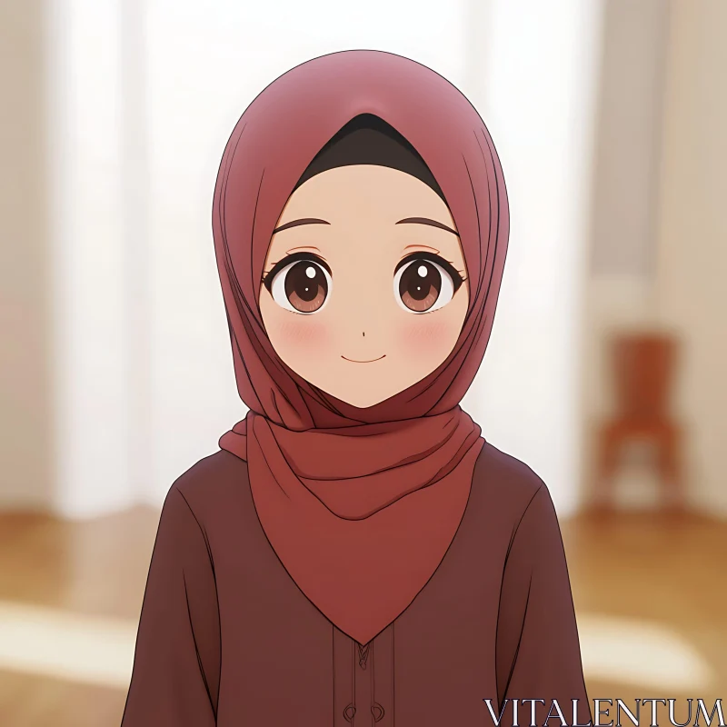 Cute Anime Girl in Maroon Hijab AI Image