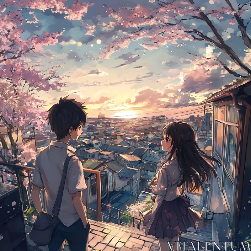 Anime Cityscape at Sunset with Cherry Blossoms AI Image