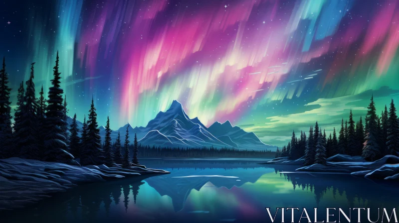 Aurora Borealis Over Mountains and Lake Illustration AI Image