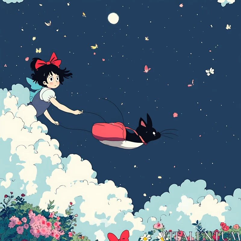 Whimsical Night Sky Adventure in Anime Illustration AI Image