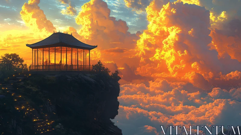 AI ART Gazebo on Cliff Edge with Golden Sunset Clouds