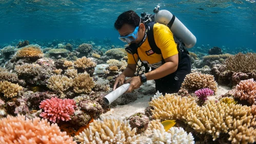 Diver Inspecting Coral Reef