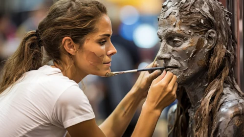Crafting Art: Woman Painting Lifelike Bronze Statue