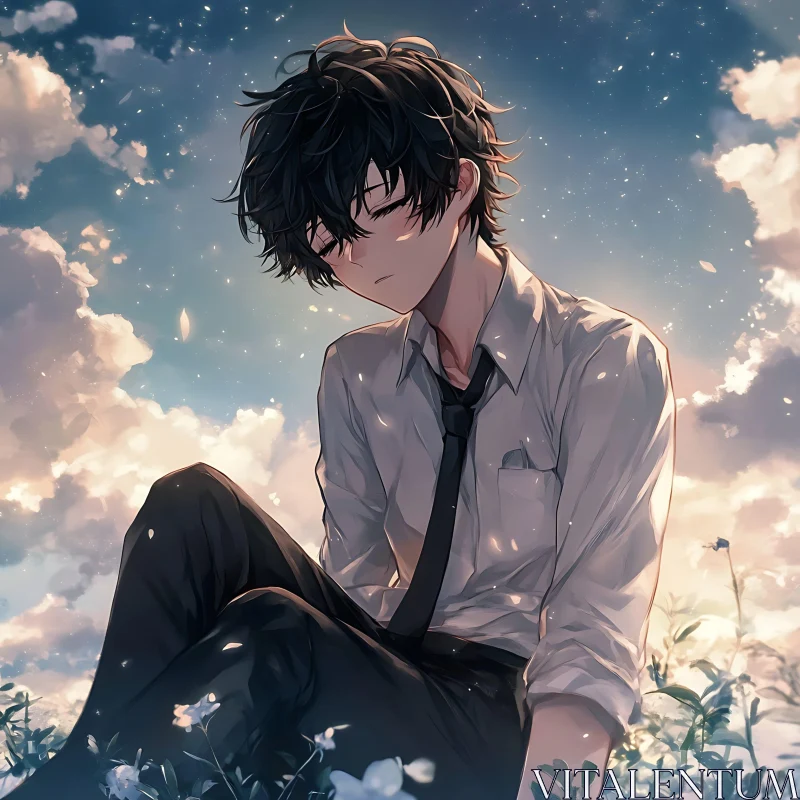 Dreamy Anime Youth in a Serene Floral Setting AI Image