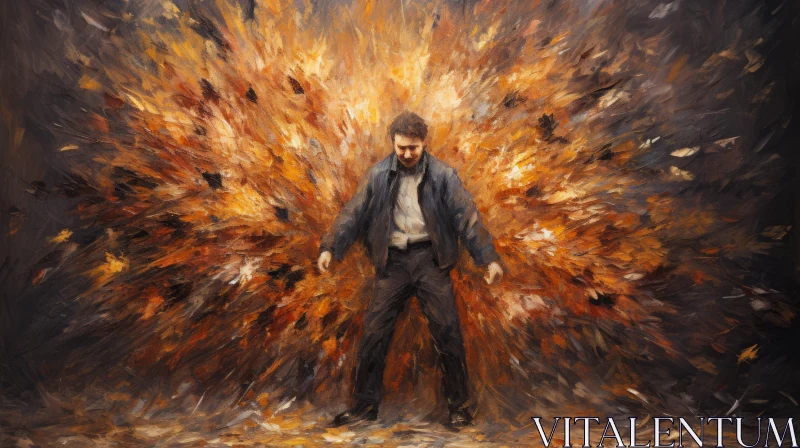 Man Amidst Storm of Leaves: An Oil Portraiture AI Image