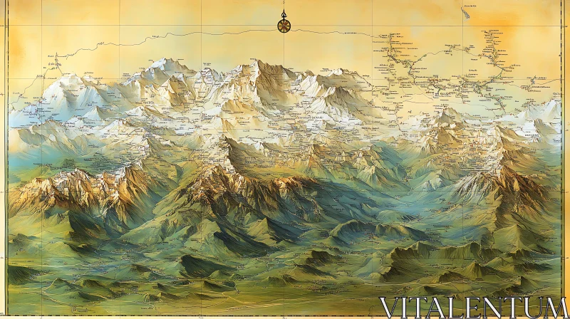 AI ART Vintage Topographic Map of Mountain Peaks