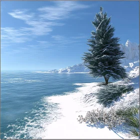 Icy Winter Beach with Lone Evergreen