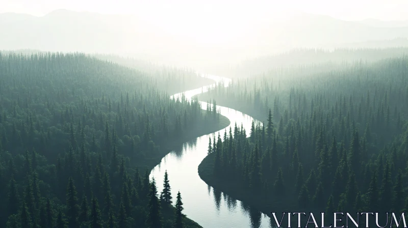 Winding River amidst Lush Green Forest AI Image