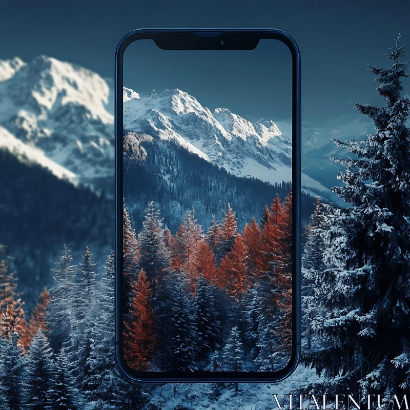 Winter Mountain Scene on Mobile Device AI Image