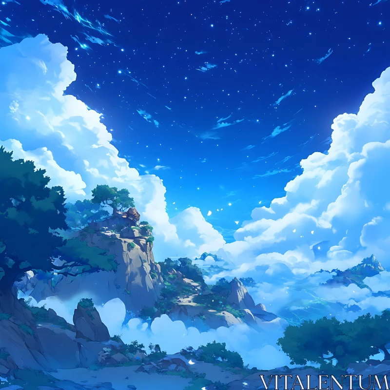 Starlit Mountain Landscape with Lush Trees AI Image