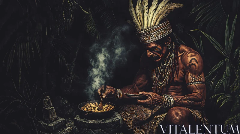 Indigenous Man Preparing Food in Nature AI Image