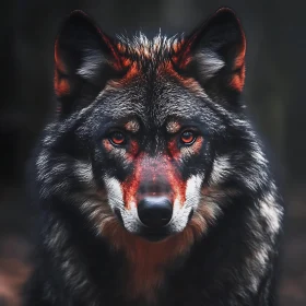 Wolf with Red Eyes in Dark Forest