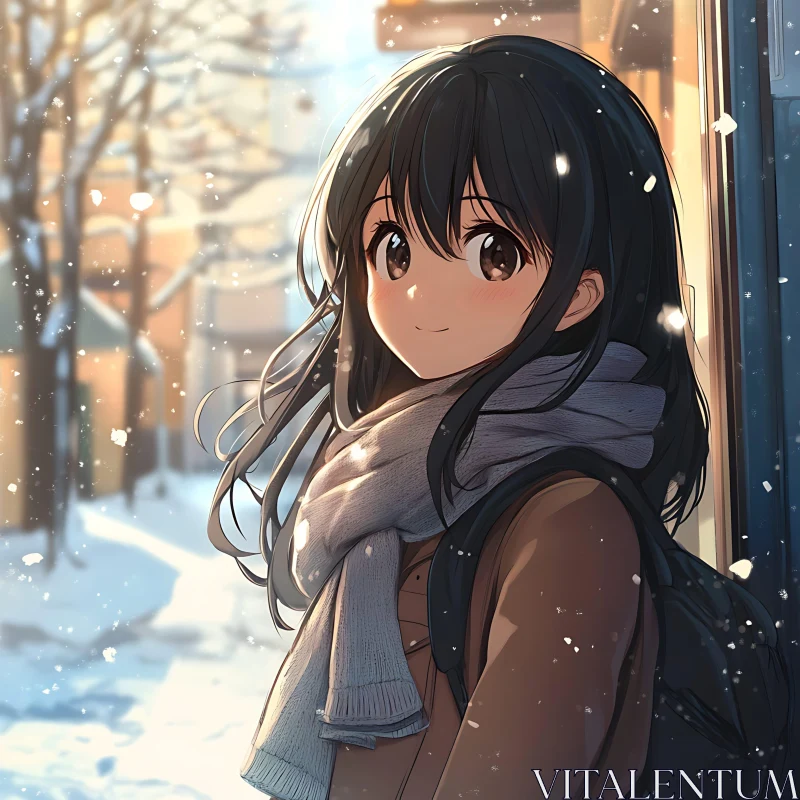 Anime Girl with Scarf in Snowy Setting AI Image