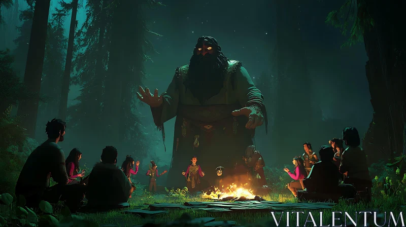 Forest Giant and Campfire Storytelling AI Image