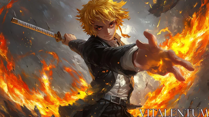 AI ART Intense Anime Warrior Amidst Flames and Action