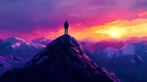 Silhouette on Mountain at Sunset