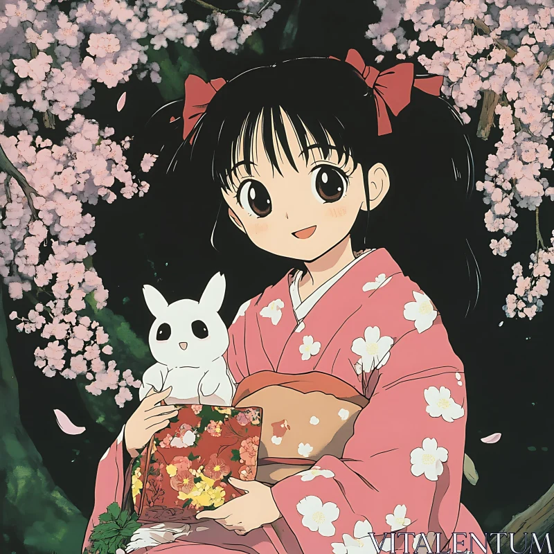 Kimono-Clad Anime Girl with Bunny and Cherry Blossoms AI Image