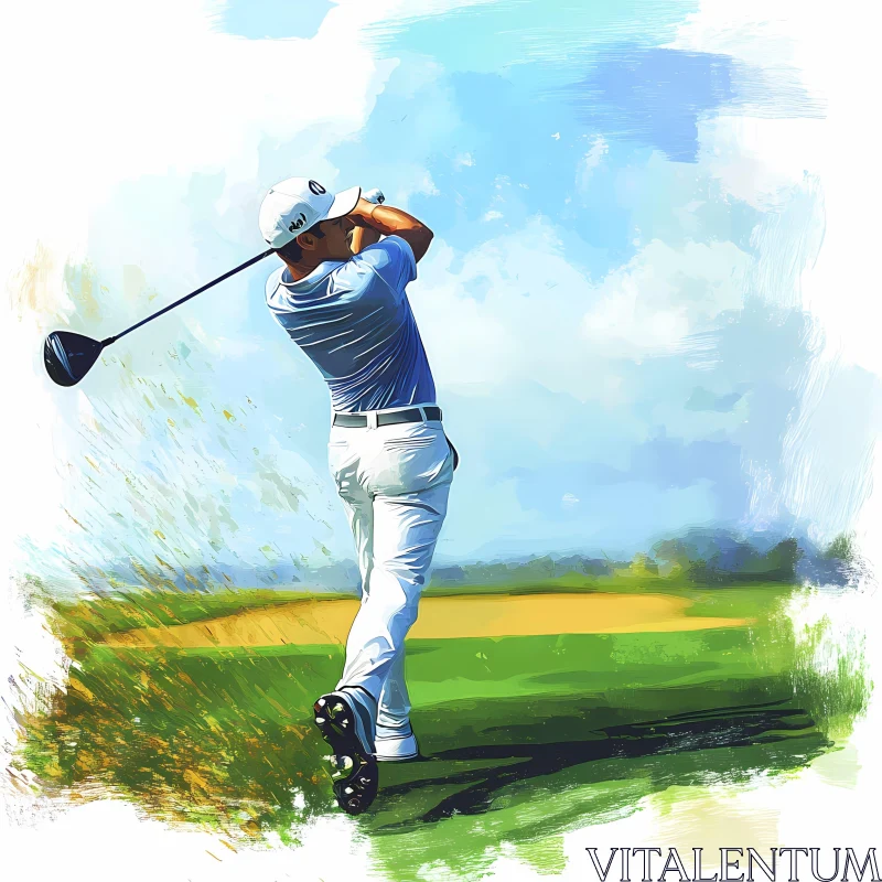 Energetic Golf Swing on a Sunlit Course , AI AI Image