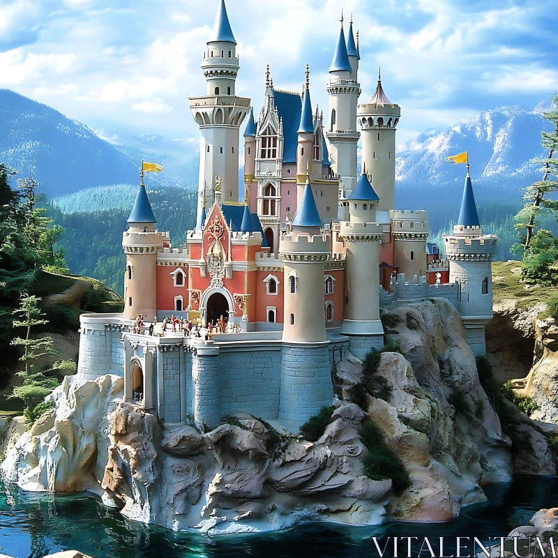 Fairytale Castle Amidst Mountains and Water AI Image