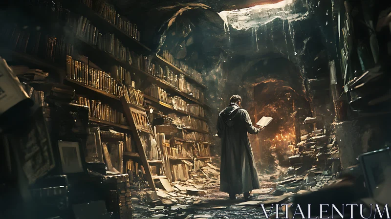 Man Reading in a Cave Library AI Image