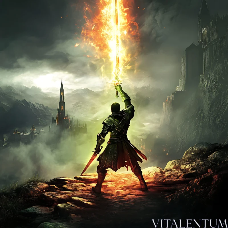 Fantasy Warrior with Flaming Sword AI Image