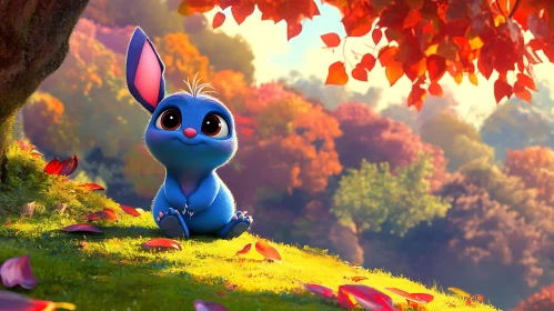 Whimsical Blue Rabbit Autumn Scene