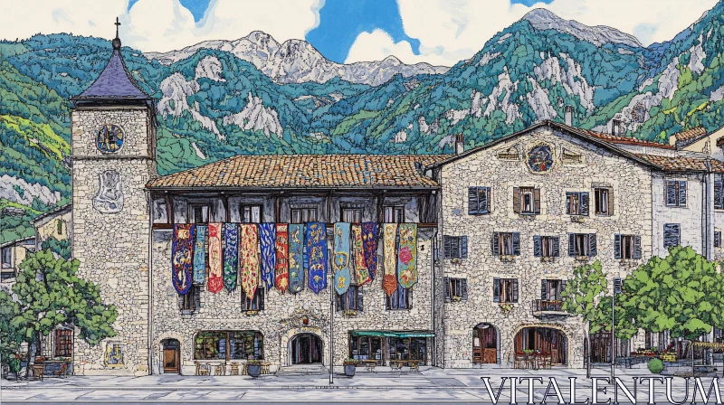 Historic Town in the Mountains with Colorful Flags AI Image