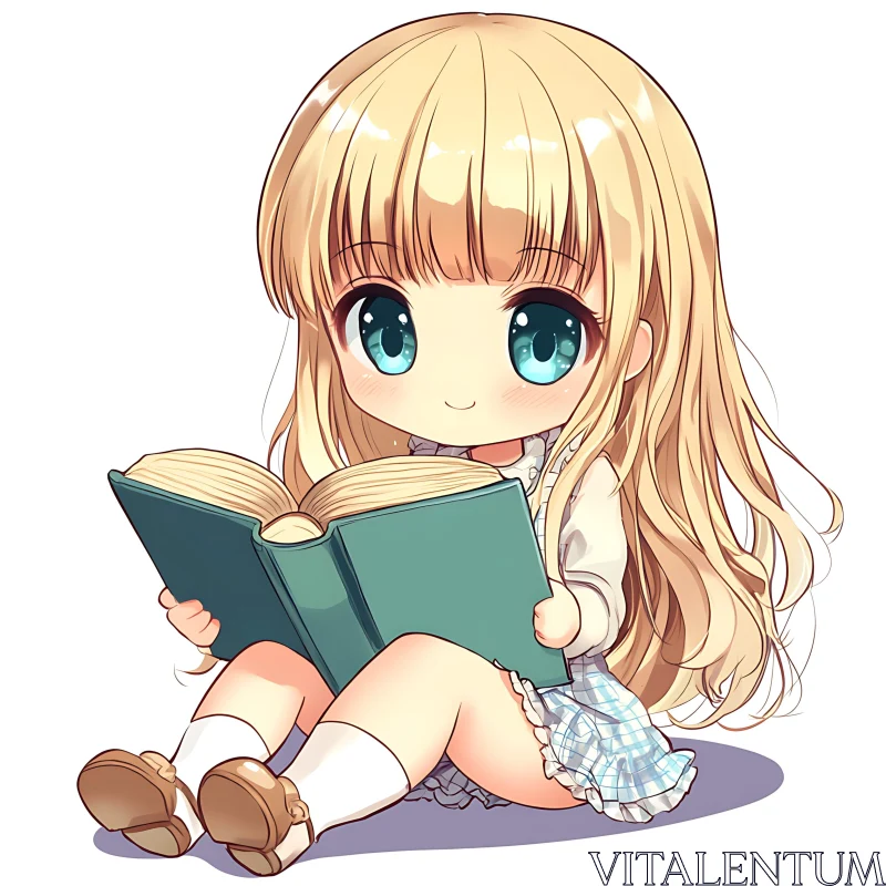 Sweet Blonde Chibi Girl Reading AI Image