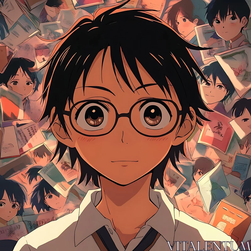 Anime Character with Glasses and Book Background AI Image