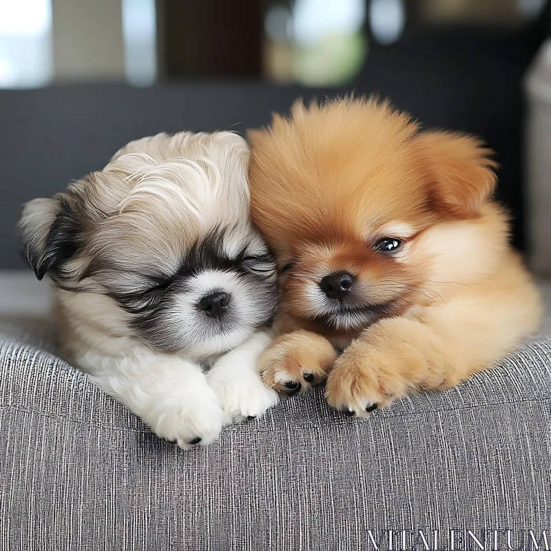 Cute Puppies Cuddling on a Grey Fabric Surface AI Image