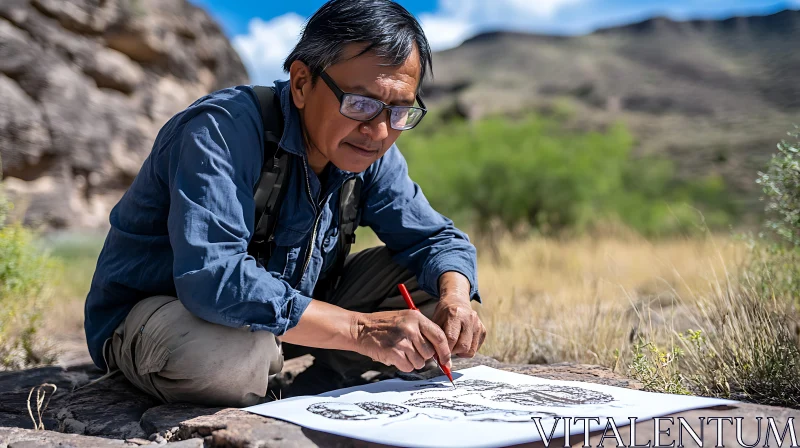 Outdoor Sketching: Man Drawing in Nature AI Image