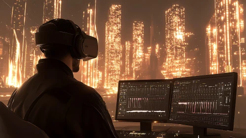 VR Headset User in Digital Metropolis
