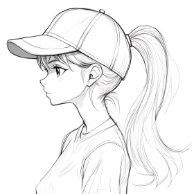 Anime Girl Sketch with Baseball Cap and Ponytail