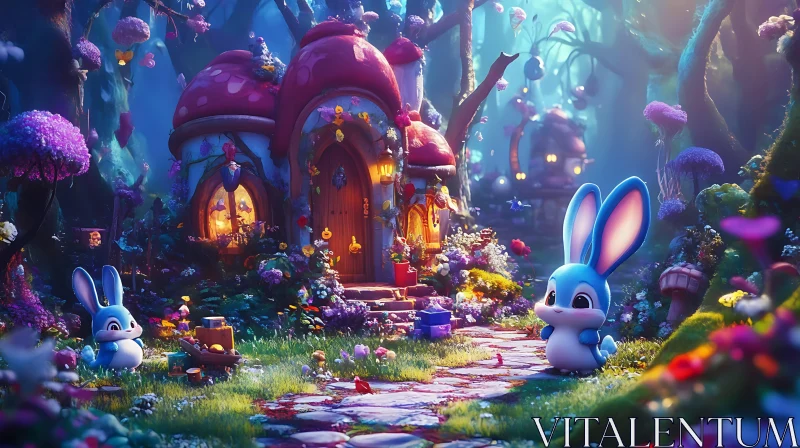 Cartoon Bunnies Fairytale Forest Scene AI Image