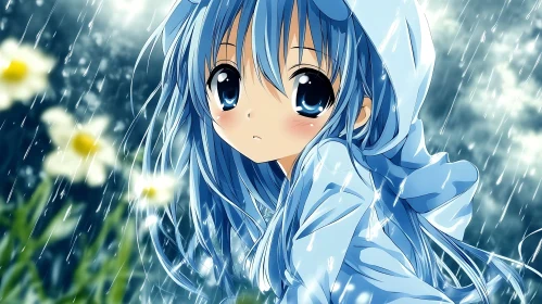 Melancholic Anime Girl in Rain