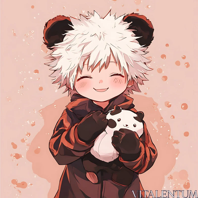 Joyful Anime Child with Panda Plush Toy Artwork AI Image