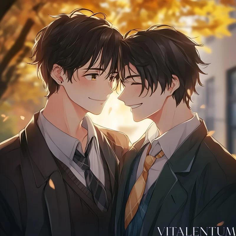 Anime Couple in Romantic Autumn Scene AI Image