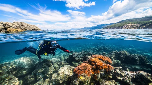Diver in Clear Waters Among Coral Reefs