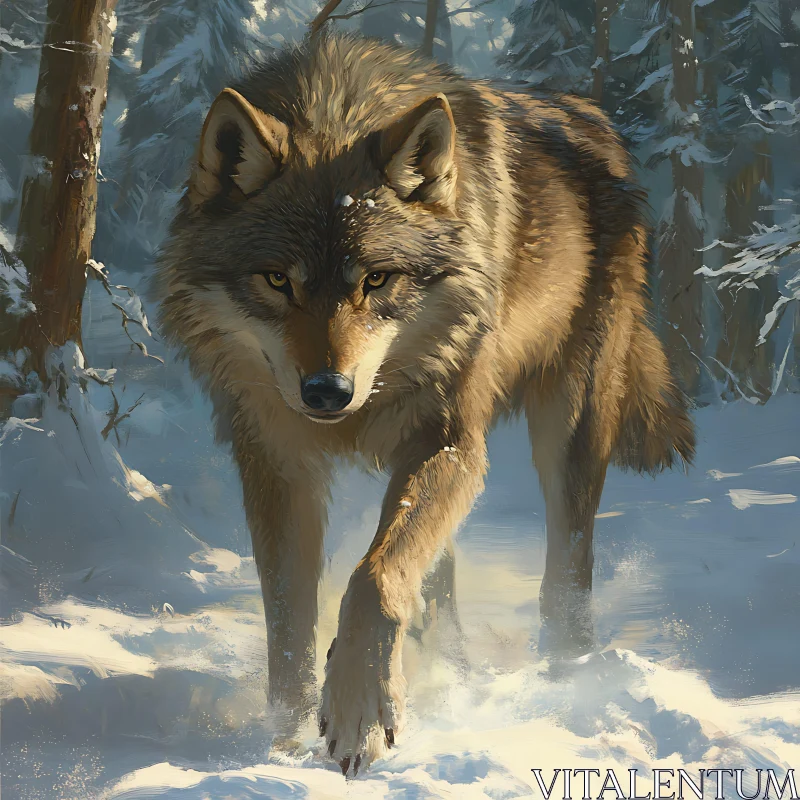 Lone Wolf Walking Through Snowy Woods AI Image