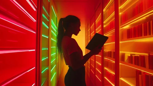 Woman Reading in Neon Lit Library