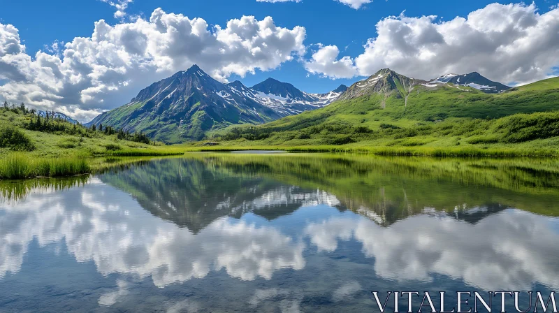 Still Mountain Lake Reflecting Green Hills AI Image